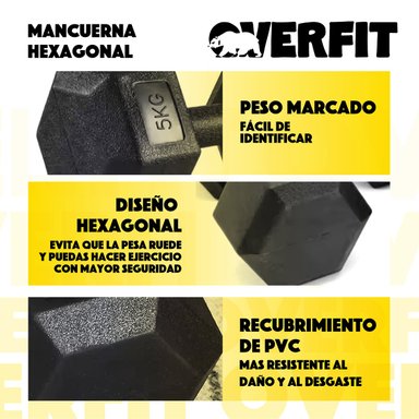 MANCUERNA HEXAGONAL 5KG PAR SET X2 PESAS PVC 10KG OVERFIT - 5