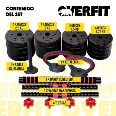 SET MANCUERNAS + BARRA + KETTLEBELL UNIBLES OVERFIT 30KG - 3