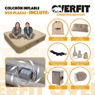 COLCHON INFLABLE ELECTRICO 2 PLAZAS OVERFIT BOMBA PORTATIL - 3
