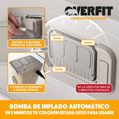 COLCHON INFLABLE ELECTRICO 2 PLAZAS OVERFIT BOMBA PORTATIL - 4