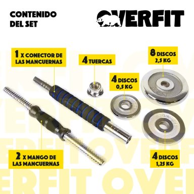 MANCUERNAS CROMADAS 30KG AJUSTABLES + BARRA UNIBLES OVERFIT - 2