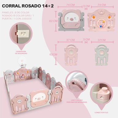 CORRAL KIDSTAR BEBÉ MODELO 14+2 PANELES ROSADO - 2