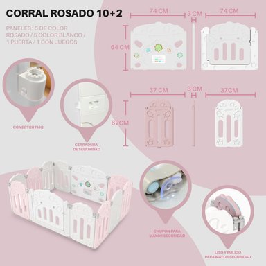 CORRAL PARA BEBE MODELO 10+2 PANELES ROSADO - 2