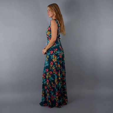 VESTIDO LARGO MUJER MARIA PASKARO TURQUESA JAIPUR FLORES CORAL VUELITOS - 2