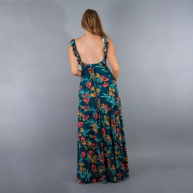 VESTIDO LARGO MUJER MARIA PASKARO TURQUESA JAIPUR FLORES CORAL VUELITOS - 3