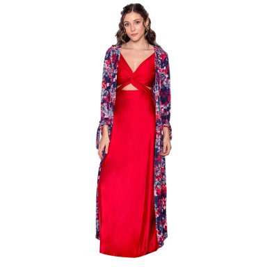 TAPADO KIMONO LARGO REGULAR FIT MUJER MARIA PASKARO AZUL VERONA FLORES PLISADO - 1