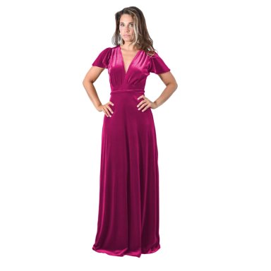 VESTIDO LARGO MUJER MARIA PASKARO FUCSIA YORK TERCIOPELO MANGAS - 1