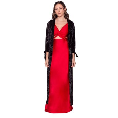 TAPADO KIMONO LARGO REGULAR FIT MUJER MARIA PASKARO NEGRO VERONA JASPEADO TERCIOPELO - 1