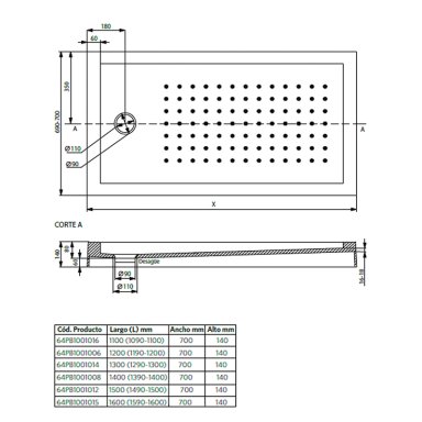 RECEPTACULO DE DUCHA CON DESAGUE 160X70X14 CM - 5