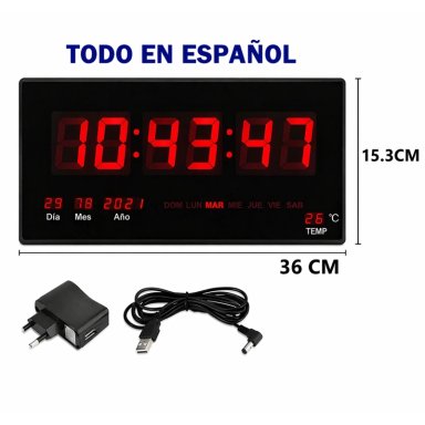 RELOJ DIGITAL PARED LUZ LED HORA FECHA TEMPERATURA 36X15CM - 5