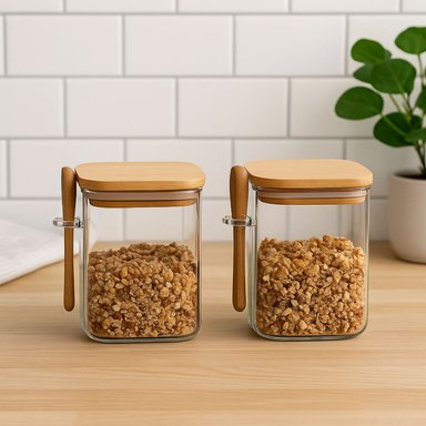 SET 2 FRASCOS CONTENEDORES 700ML 12CM CUADRADO CUCHARA BAMBÚ - 2