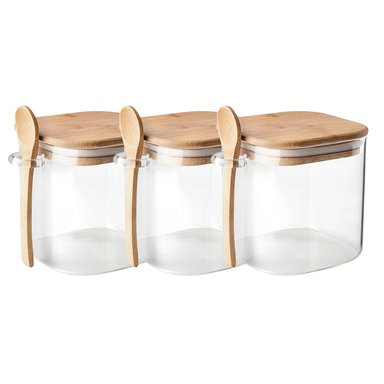 SET 3 FRASCO CONTENEDOR 1100ML 12CM CUADRADO CUCHARA BAMBÚ - 1