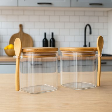SET 3 FRASCO CONTENEDOR 1100ML 12CM CUADRADO CUCHARA BAMBÚ - 3