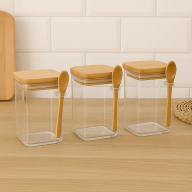 SET 3 FRASCO CONTENEDOR 1100ML 12CM CUADRADO CUCHARA BAMBÚ - 4