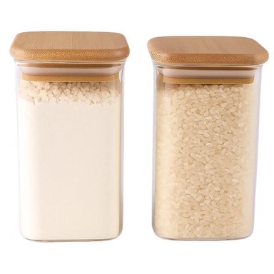 SET 3 FRASCO HERMETICO 700ML VIDRIO CUADRADO 12CM BAMBU - 2