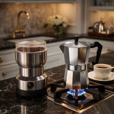 MOLEDOR ELE CTRICO DE CAFE  + CAFETERA ITALIANA GRECA 3 TAZAS COLOR GRIS - 2