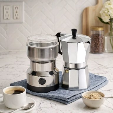 MOLEDOR ELE CTRICO DE CAFE  + CAFETERA ITALIANA GRECA 3 TAZAS COLOR GRIS - 3