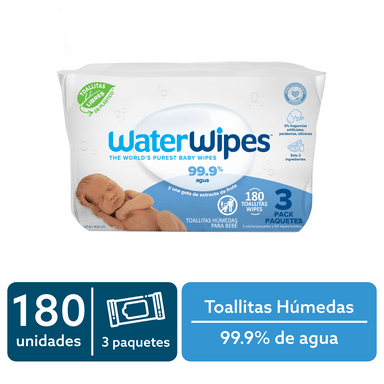 TOALLITAS HÚMEDAS BIODEGRADABLES 3X60 UNS WATERWIPES 180 UND - 1