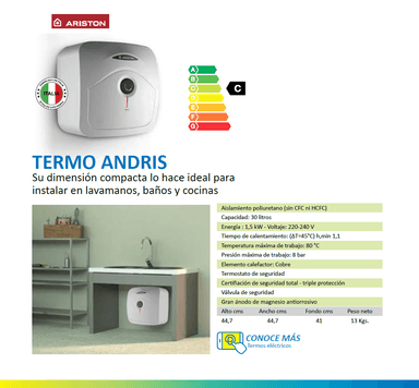TERMO ELÉCTRICO PRIMATERM 30L ANDRIS ITALIANO 1.5KW 80°C ARISTON - 9