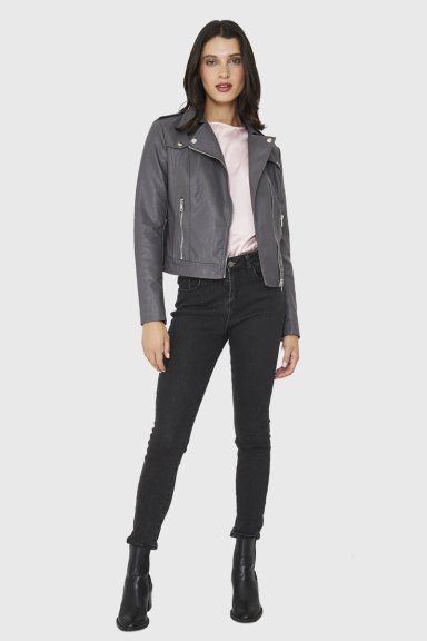CHAQUETA BIKER ECOCUERO CORTA GRIS NICOPOLY - 2