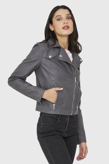 CHAQUETA BIKER ECOCUERO CORTA GRIS NICOPOLY - 3