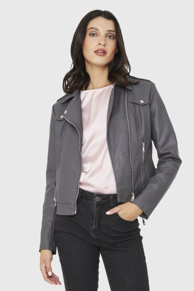CHAQUETA BIKER ECOCUERO CORTA GRIS NICOPOLY - 5