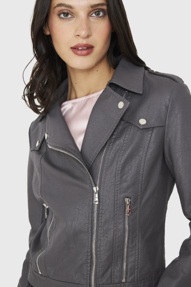 CHAQUETA BIKER ECOCUERO CORTA GRIS NICOPOLY - 6