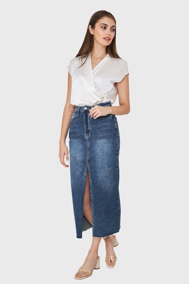 FALDA MUJER NICOPOLY AZUL MEDIO DENIM TAJO FRONTAL - 2