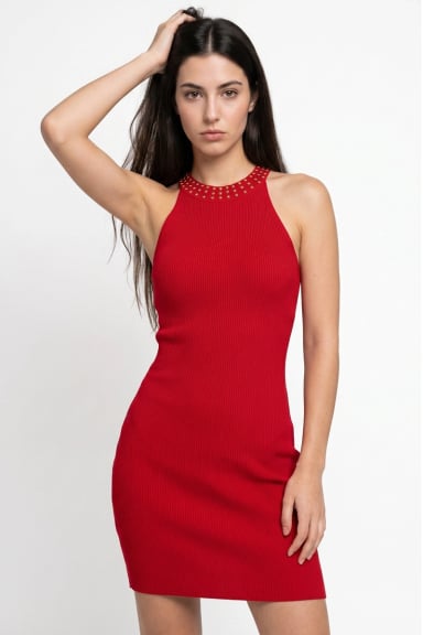 VESTIDO MUJER NICOPOLY ROJO TUBO CON STRASS - 1
