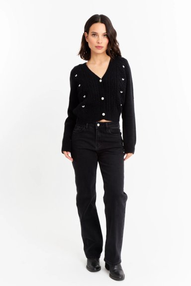 CÁRDIGAN MUJER NICOPOLY NEGRO CROP PERLAS - 2