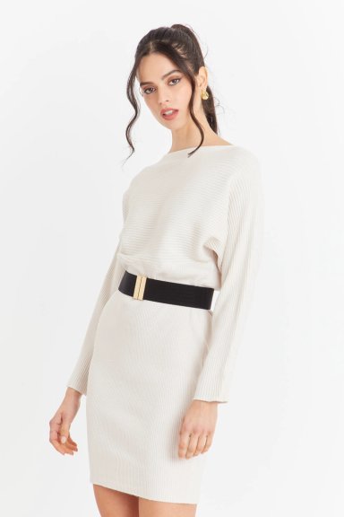 VESTIDO ACANALADO BLANCO CON CINTURON NICOPOLY - 3
