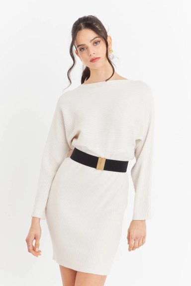 VESTIDO ACANALADO BLANCO CON CINTURON NICOPOLY - 5