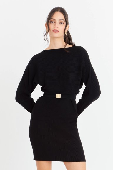 VESTIDO ACANALADO NEGRO CON CINTURON NICOPOLY - 1