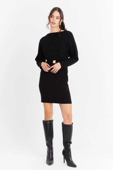 VESTIDO ACANALADO NEGRO CON CINTURON NICOPOLY - 2