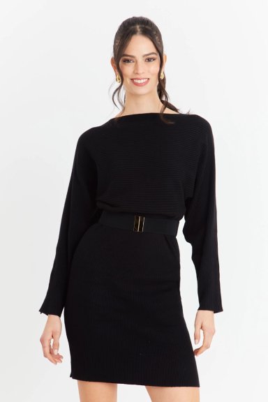 VESTIDO ACANALADO NEGRO CON CINTURON NICOPOLY - 5