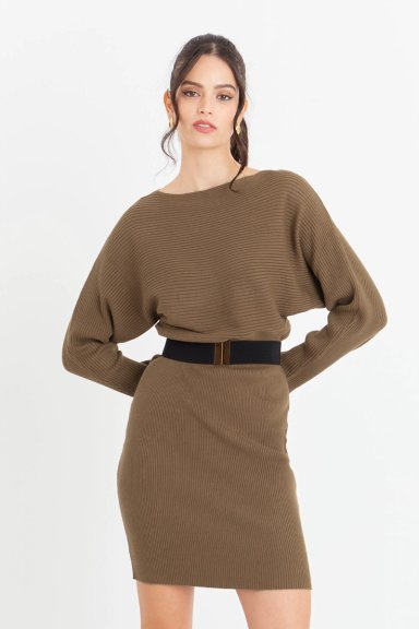 VESTIDO ACANALADO CAFE  CON CINTURON NICOPOLY - 1