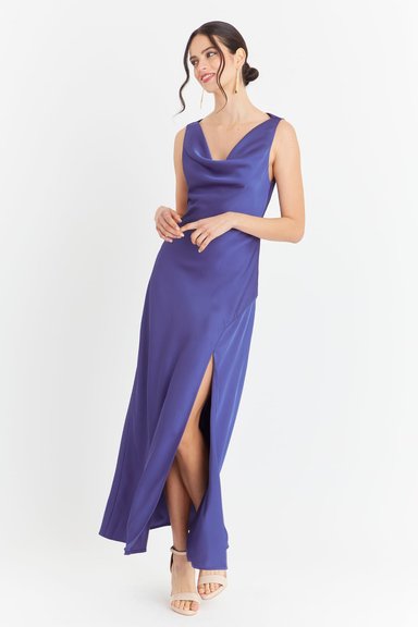 VESTIDO LARGO ESCOTE DRAPEADO AZUL NICOPOLY - 1