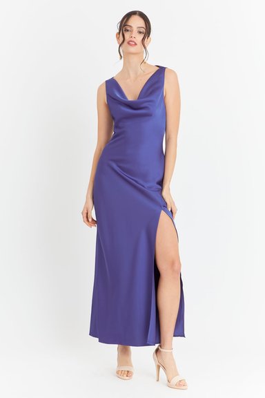 VESTIDO LARGO ESCOTE DRAPEADO AZUL NICOPOLY - 2