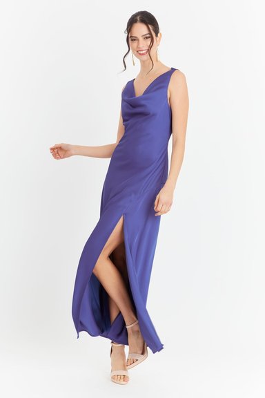 VESTIDO LARGO ESCOTE DRAPEADO AZUL NICOPOLY - 3