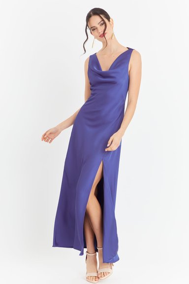 VESTIDO LARGO ESCOTE DRAPEADO AZUL NICOPOLY - 5