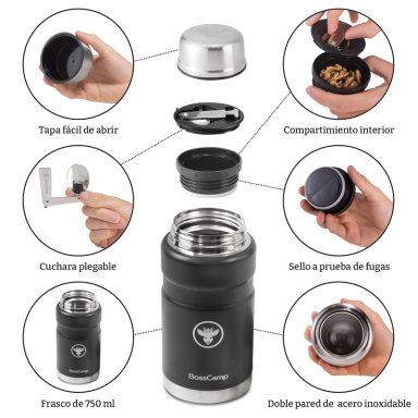 TERMO COMIDA BOSSCAMP 750 ML NEGRO ACERO INOX BOLSO CUCHARA - 8