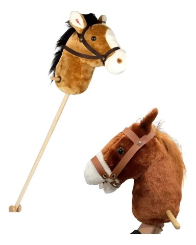 CABALLO DE PALO FELPA CON MANILLAS RUEDAS Y SONIDOS REALES CAFE - 1