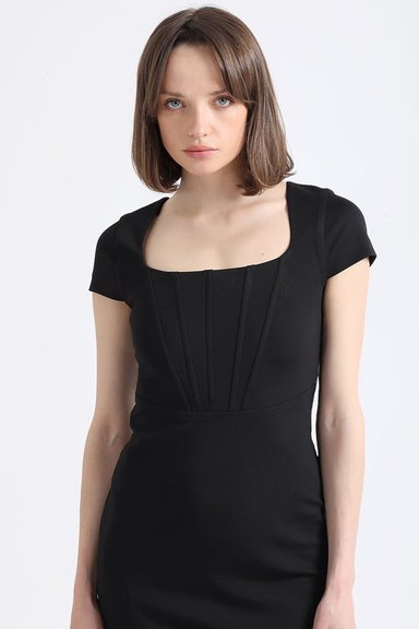 VESTIDO MUJER LIOLA NEGRO ENTALLADO CORTES CORSE - 4