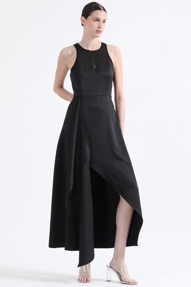 VESTIDO MAXI MUJER LIOLA NEGRO RUCHA ASIMETRICA - 1