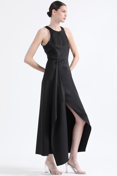 VESTIDO MAXI MUJER LIOLA NEGRO RUCHA ASIMETRICA - 2