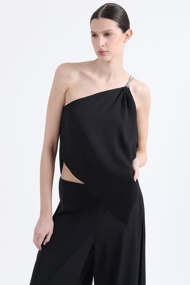 TOP ASIMETRICO, GASA DOBLE, APLICACION STRASS, NEGRO LIOLA - 1