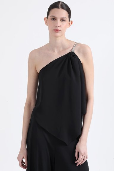 TOP ASIMETRICO, GASA DOBLE, APLICACION STRASS, NEGRO LIOLA - 6