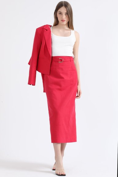FALDA LINO MUJER LIOLA GUINDA MIDI CON CINTURON - 1