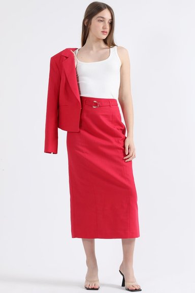 FALDA LINO MUJER LIOLA GUINDA MIDI CON CINTURON - 2