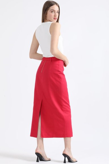 FALDA LINO MUJER LIOLA GUINDA MIDI CON CINTURON - 3